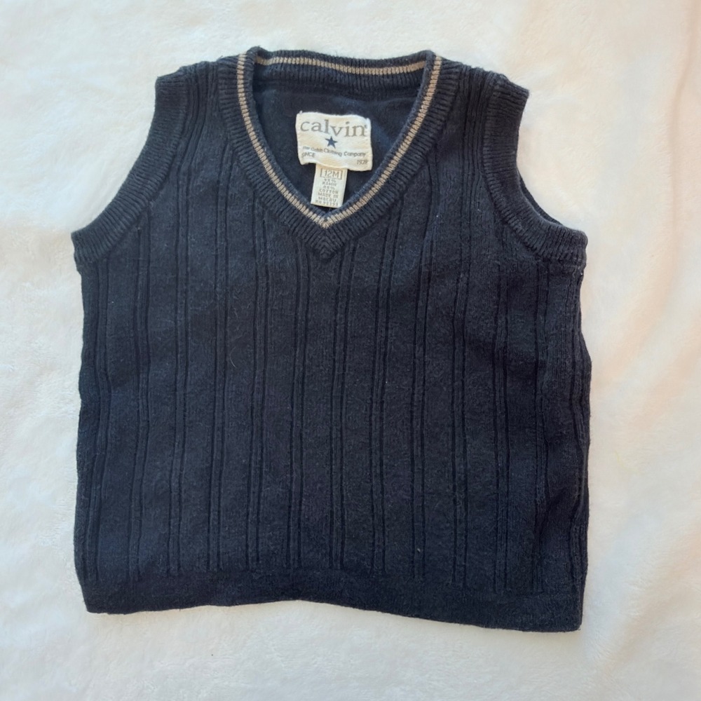 Calvin Sweater Vest Kids 12M Navy Excellent V-Neck Ribbed Cable Knit TRIE94